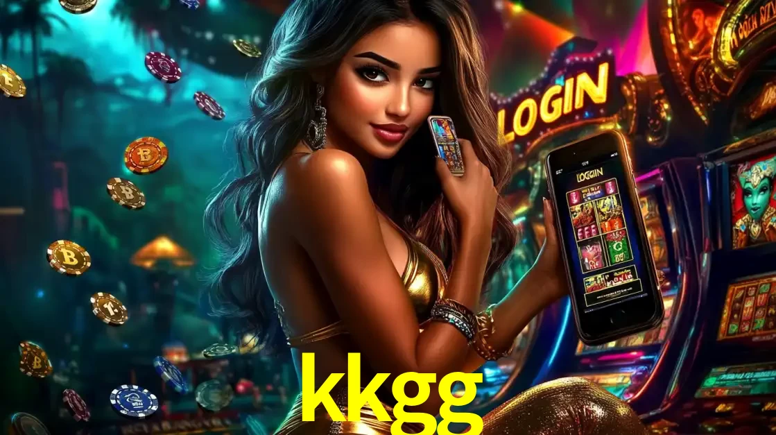 Mulher em um cenário de cassino temático de aventura, mostrando o app de caça-níqueis da kkgg no celular. Fichas de apostas flutuam ao redor.