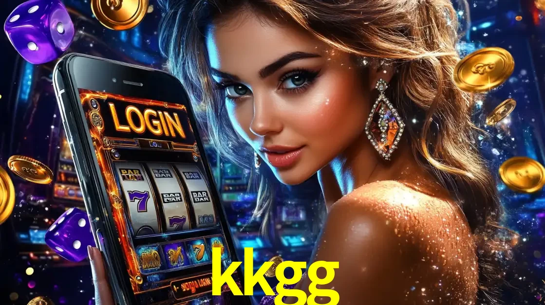 Mulher glamorosa segurando um smartphone com a tela de login para os jogos de caça-níqueis do cassino online kkgg, com moedas de ouro e dados ao redor.
