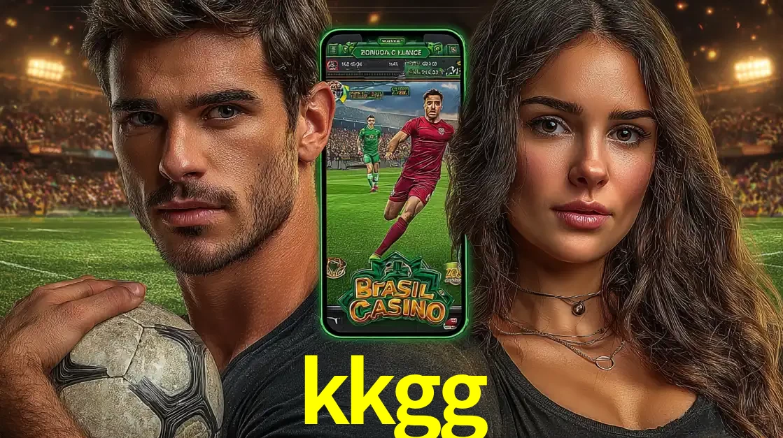 Homem segurando uma bola de futebol e uma mulher ao lado de um smartphone exibindo o jogo de apostas esportivas da kkgg. Faça seu palpite no cassino online.